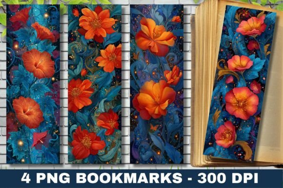 Mystic Night Blue Orange Floral Bookmark Graphics for Your Publishing Projects