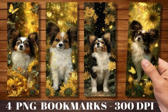 Sunflower Butterflies & a Papillon Dog: Bookmark Graphics for Print Templates